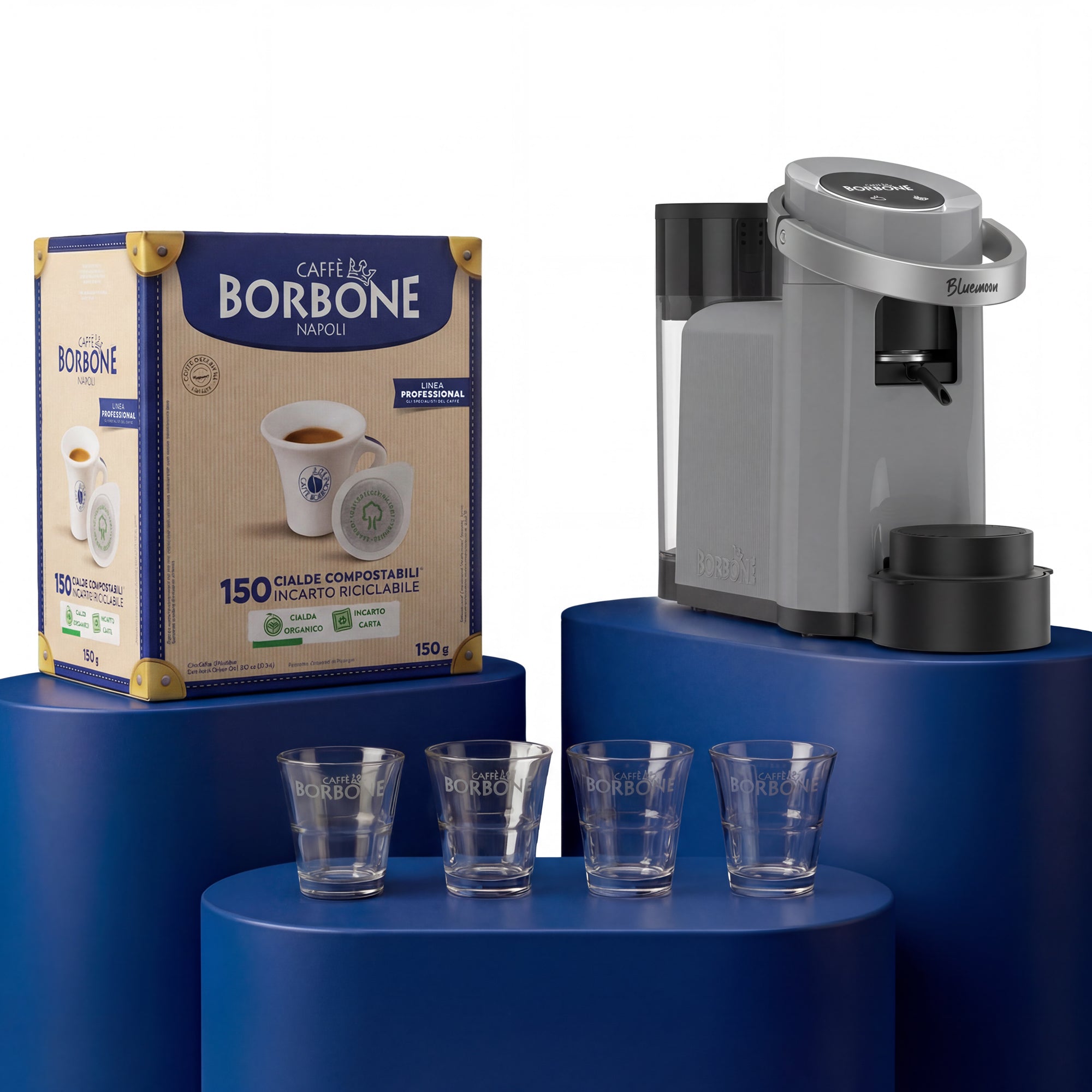 Bluemoon GREY Coffee Machine Kit with 300 Blue Blend Pods and 8 Glass Cups