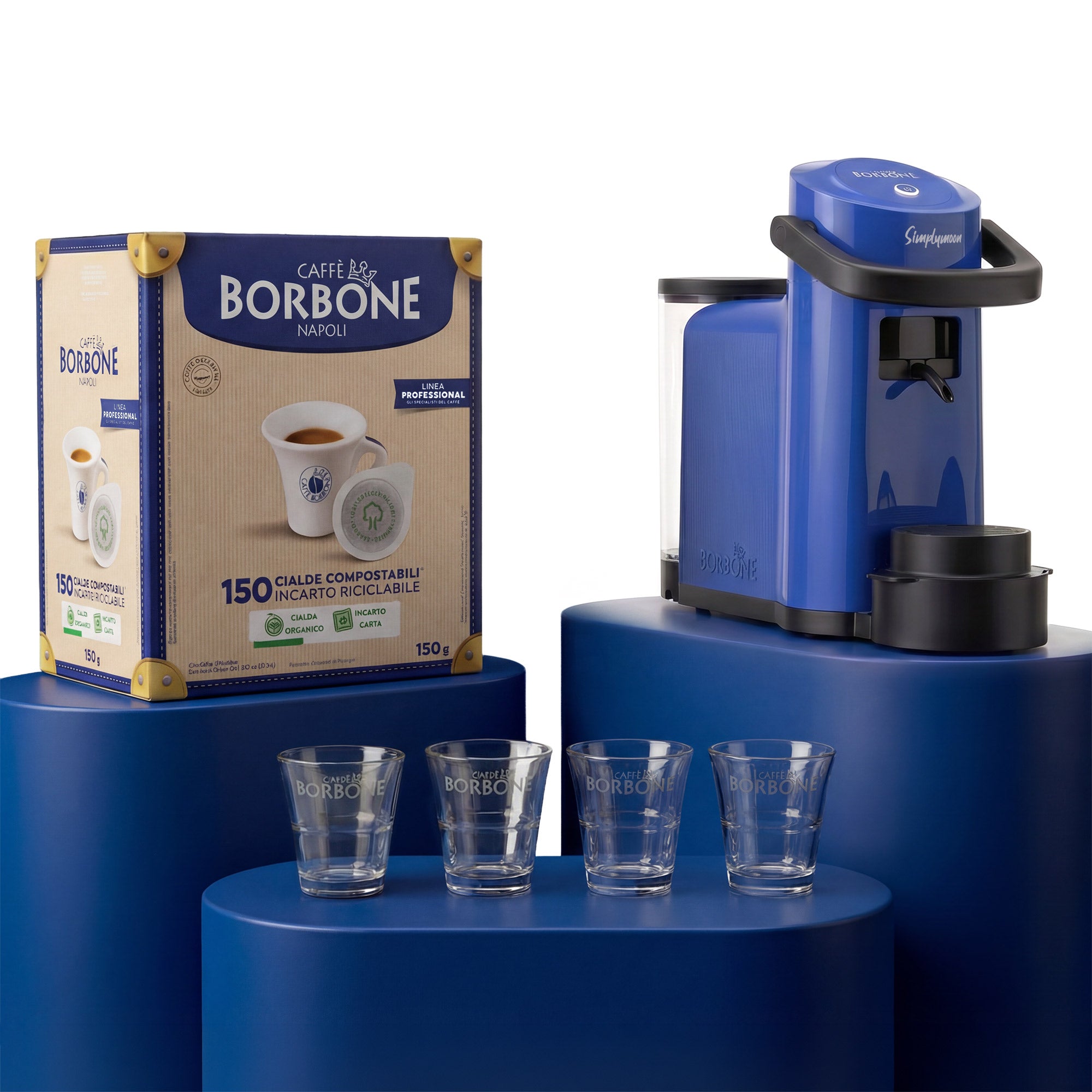 Simplymoon BLUE Coffee Machine Kit with 300 Blue Blend Pods and 8 Glass Cups