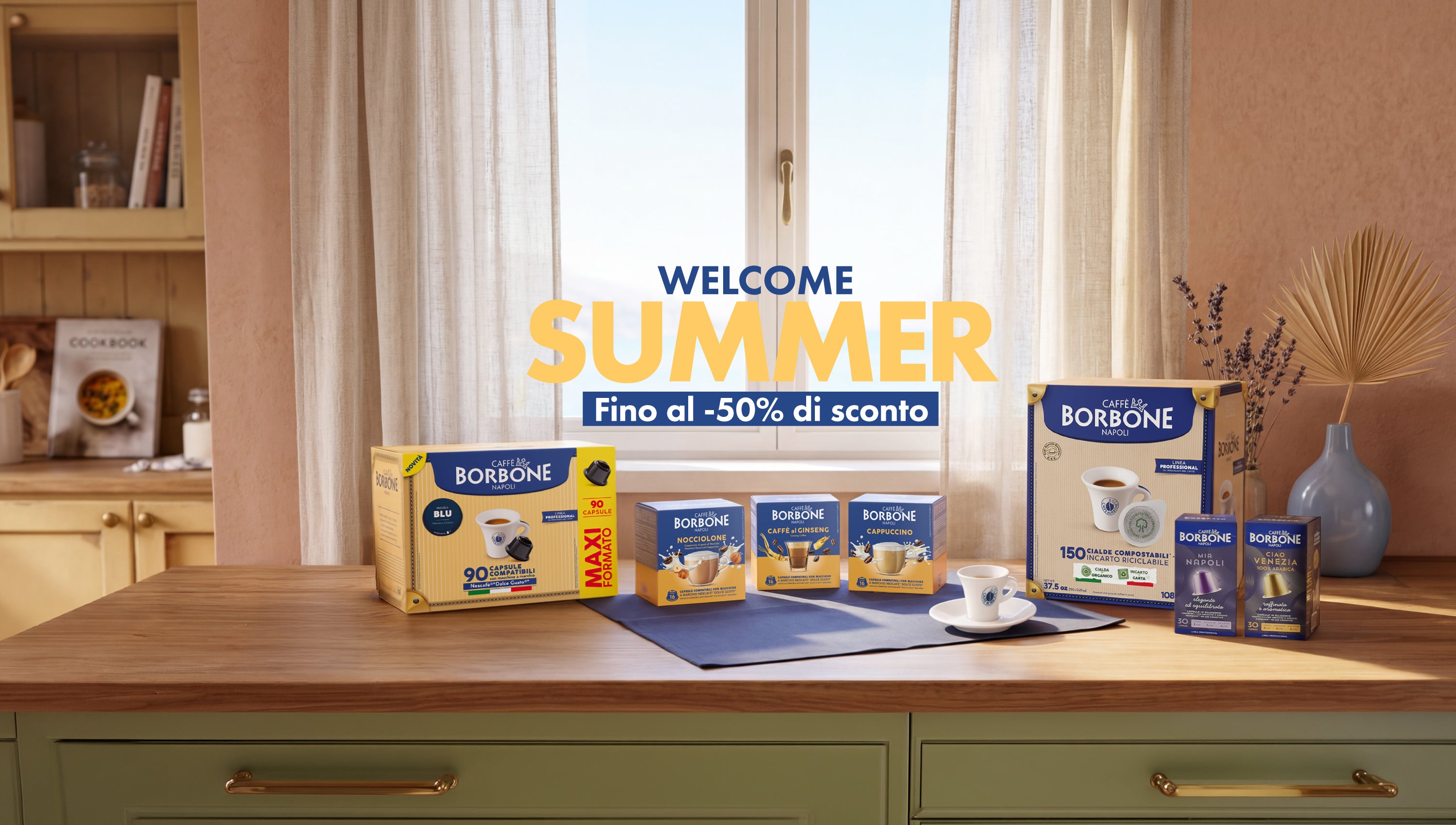 Borbone products on a table with 'Welcome Summer' text and discount offer.