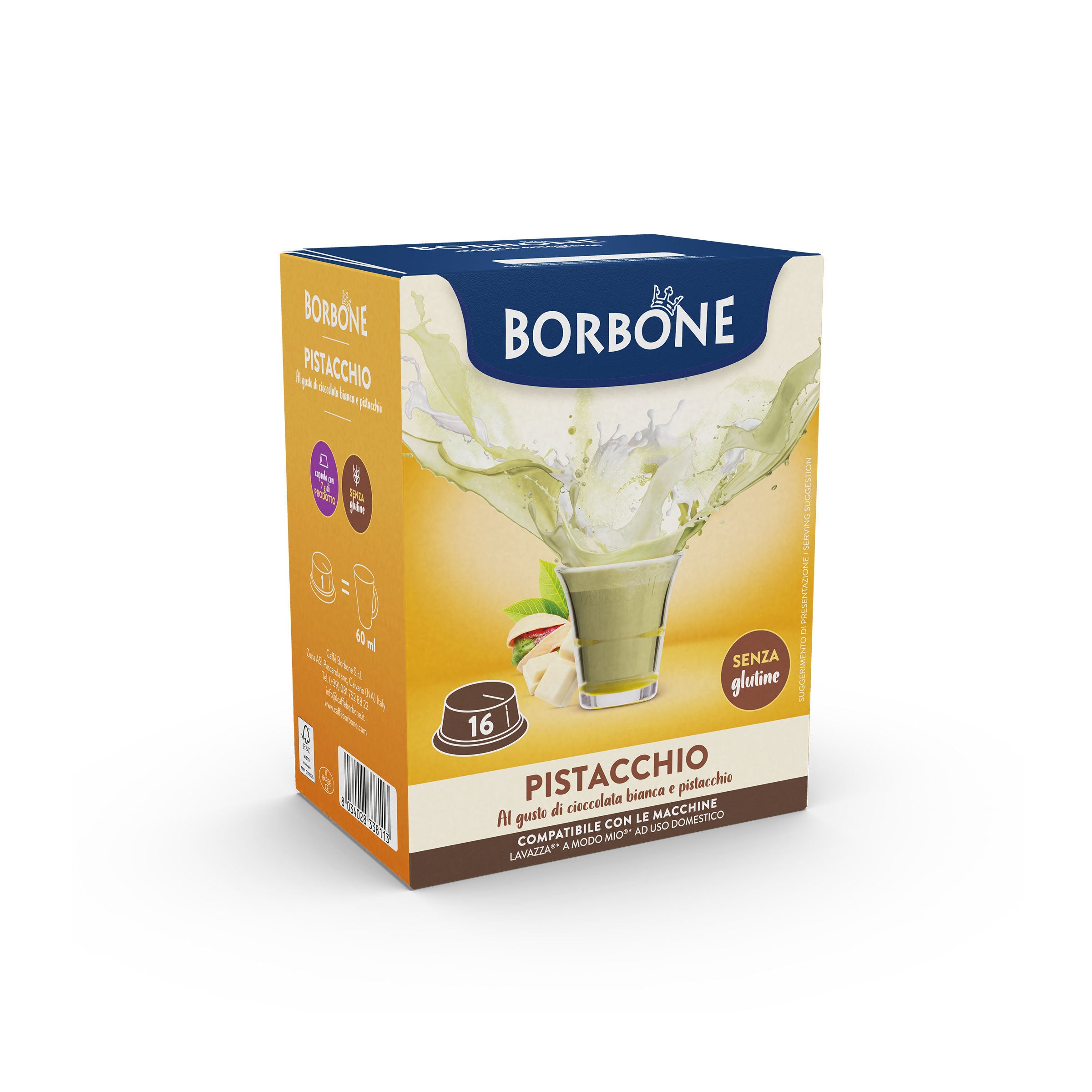 capsule Borbone COMPATIBILI con macchine a marchio Lavazza®* A Modo Mio®* - Bevanda solubile gusto cioccolata bianca e PISTACCHIO