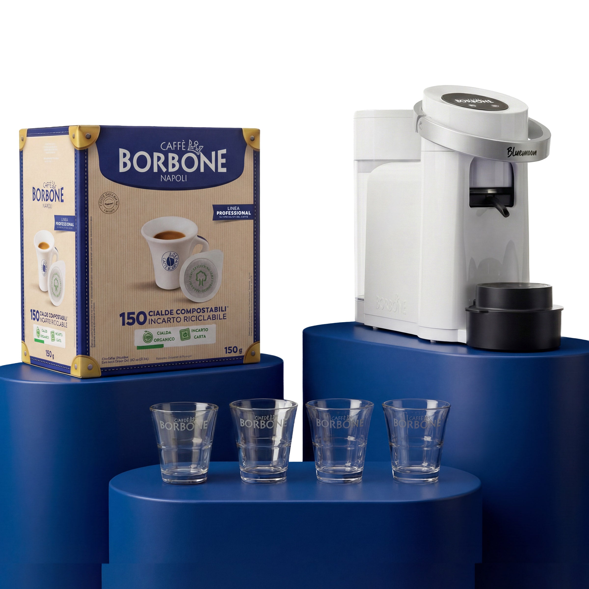 Bluemoon WHITE Coffee Machine Kit with 300 Blue Blend Pods and 8 Glass Cups