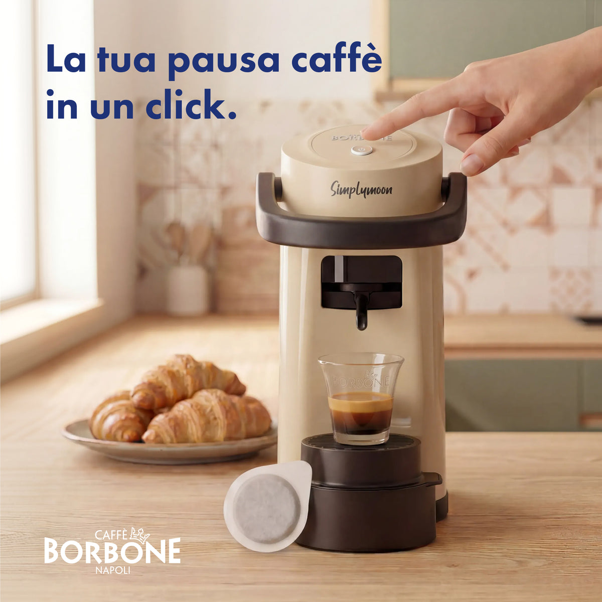 KIT Macchina Simplymoon BEIGE con 300 cialde miscela blu e 8 bicchierini di vetro