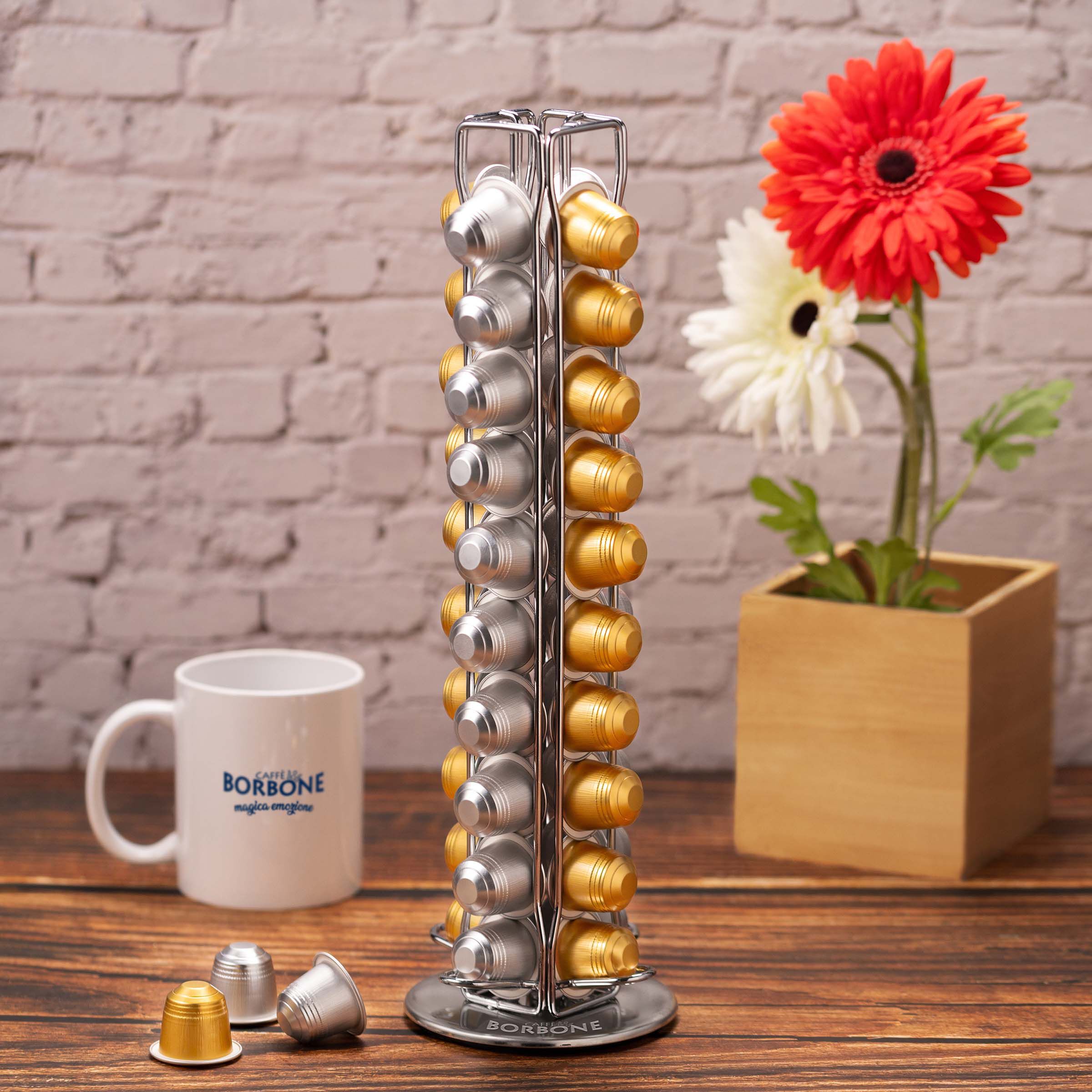 Porta Capsule Caffè A Forma Di Cactus - In Alluminio Nero Con Base Legno, 20x10x42 Cm - Foto 2